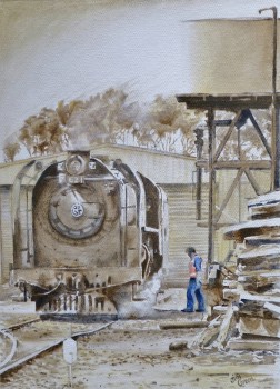 'Cockle Train at home base, Goolwa' acrylic on canvas, SOLD